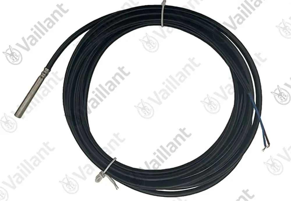 Schwarzes Kabel mit Sensor von Vaillant, verbunden mit zwei abisolierten Drähten. Der Sensor hat einen metallischen Kopf, Loop für die Montage sichtbar.